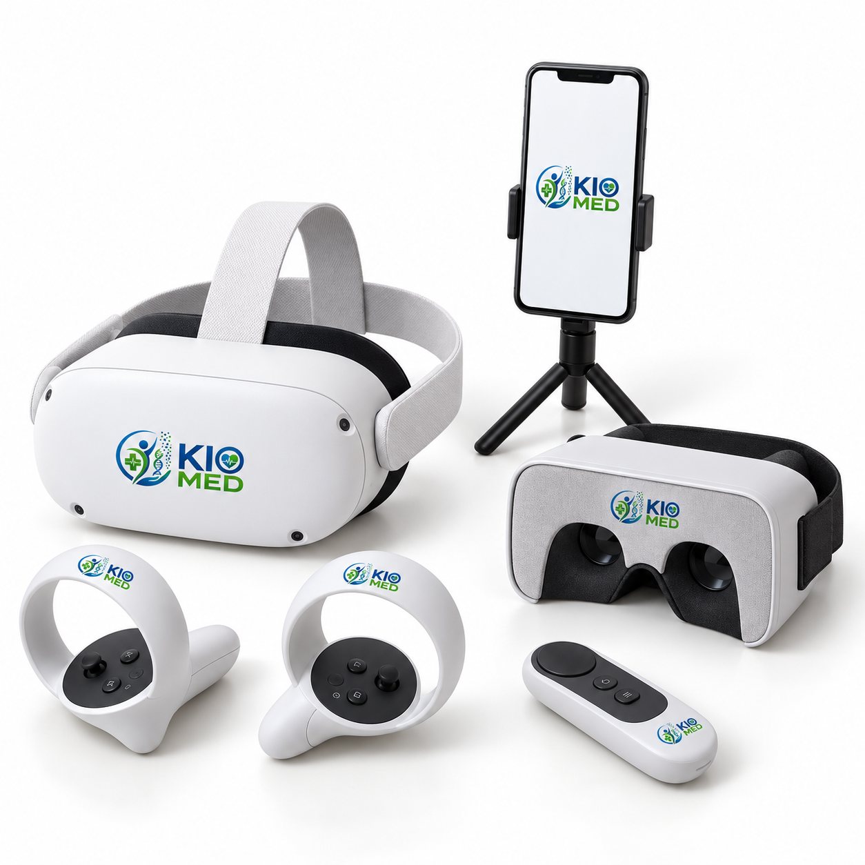 The KIO MED kit: a white VR headset with two controllers, a phone on a tripod, mobile VR goggles and a handheld remote