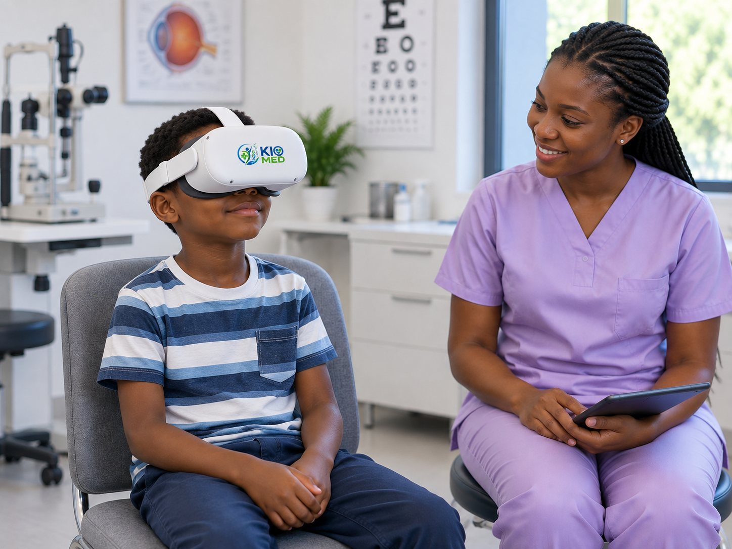A boy in a VR headset sits in an eye clinic beside a clinic assistant holding a tablet