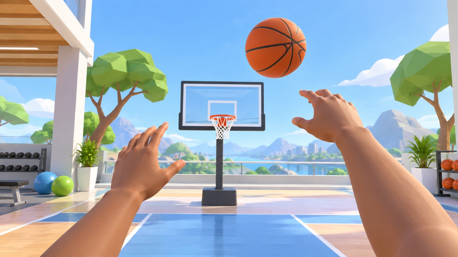 First-person view inside the headset: throwing a basketball toward a hoop