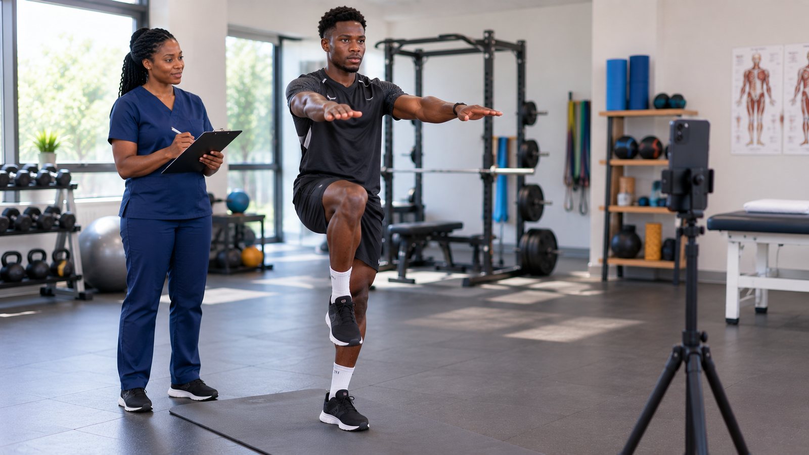 A young athlete balances on one leg facing a phone on a tripod while a physiotherapist takes notes